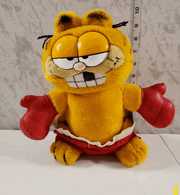 a stuffed garfield wearing red boxing gloves is next to a measuring tape