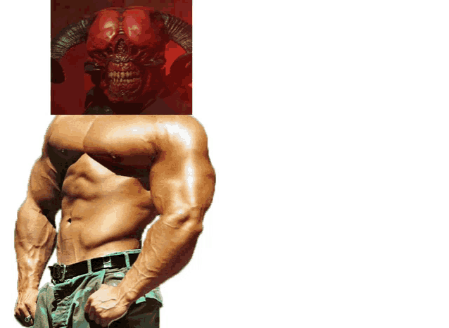 a man without a shirt is standing in front of a picture of a demon with horns