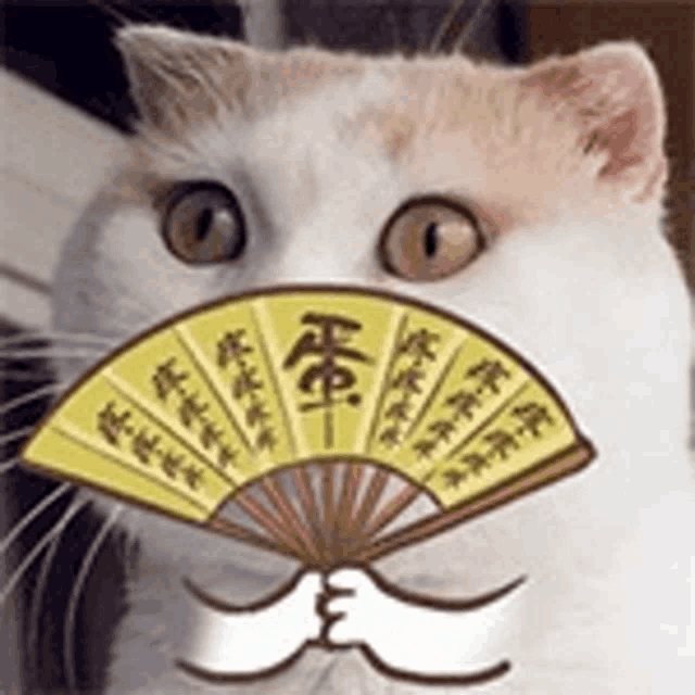 a white cat is holding a yellow fan in its mouth .