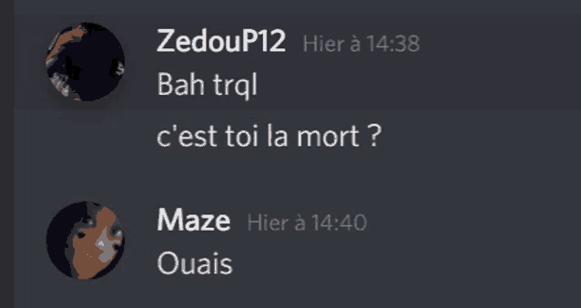 a screenshot of a conversation between zedoup12 and maze at 14:40