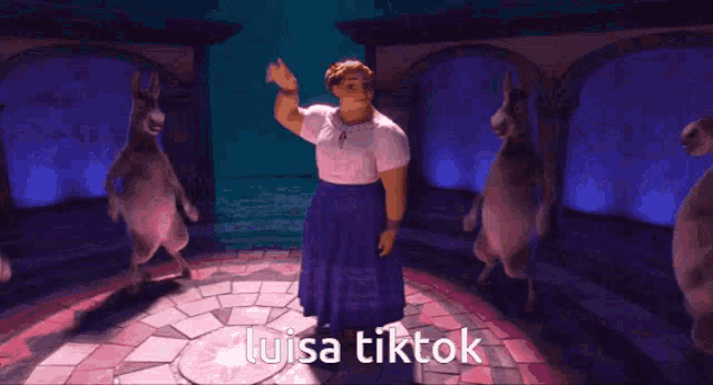 a woman in a blue skirt is dancing with the words luisa tiktok written below her