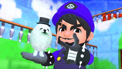 a cartoon character in a purple hat is holding a stuffed animal in his hand