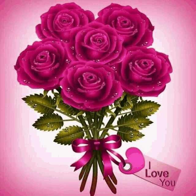 a bouquet of purple roses with a tag that says " i love you "