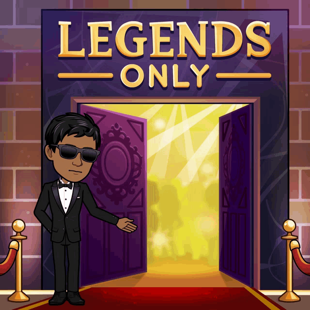 a man in a tuxedo stands in front of a legends only sign