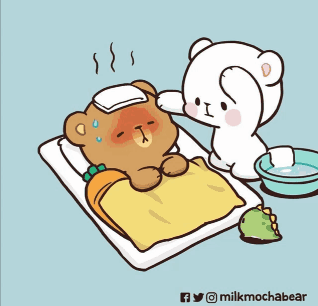 a cartoon of a bear laying on a bed with a thermometer on his forehead