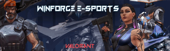 a poster for winforce e-sports shows a man and a woman holding guns