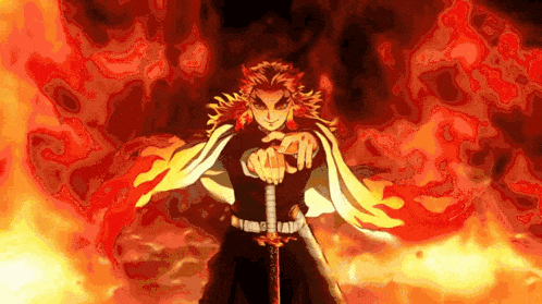 a demon slayer character is holding a sword in front of a fire .