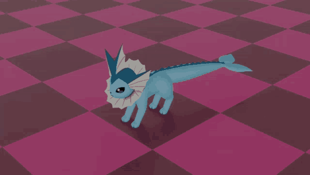 a 3d model of a blue pokemon on a pink checkered floor