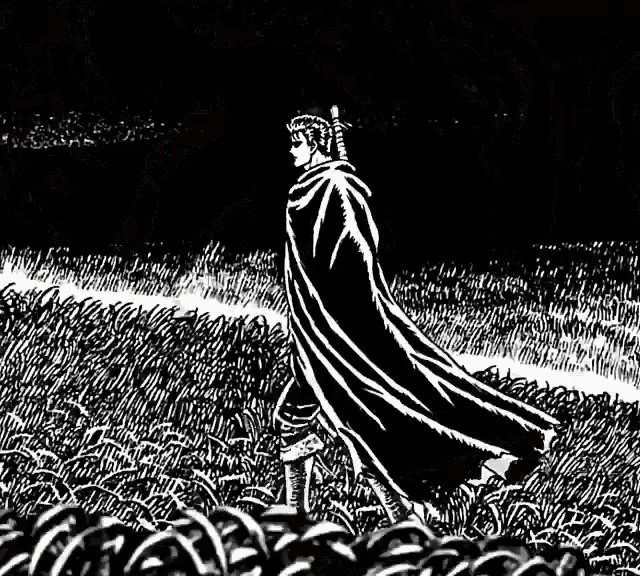 a black and white drawing of a man in a cape walking across a field