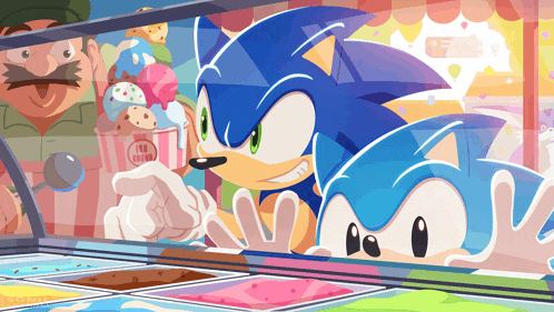 a cartoon of sonic the hedgehog looking at an ice cream display