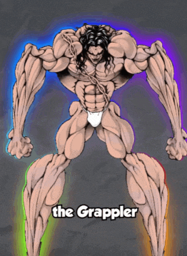 a cartoon drawing of a muscular man with the name the grappler on the bottom