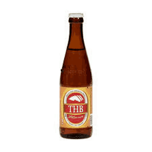 a bottle of thb beer is sitting on a white background .