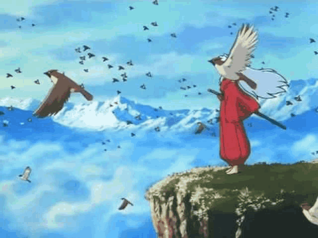 a cartoon character is standing on a cliff holding a sword and a bird .