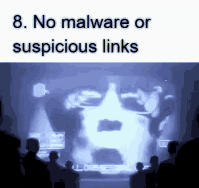 a group of people are standing in front of a screen that says no malware or suspicious links