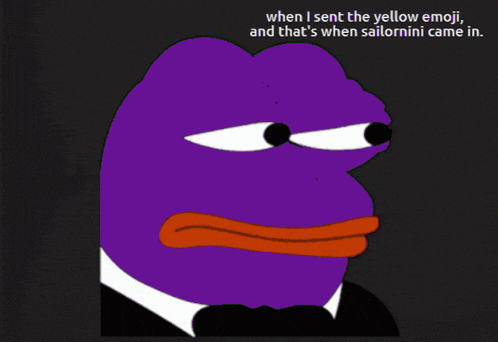 a purple frog in a tuxedo with the words " when i sent the yellow emoji " written below it