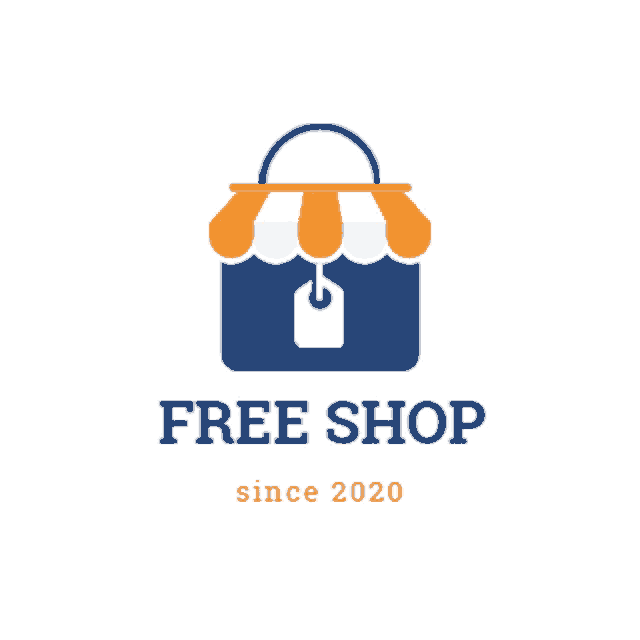 a free shop since 2020 logo with a blue shopping bag