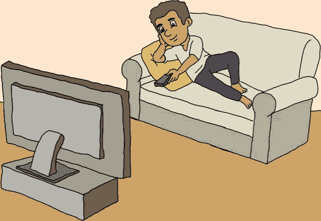 a cartoon drawing of a man laying on a couch watching tv