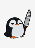 a penguin is holding a large knife in its paws .