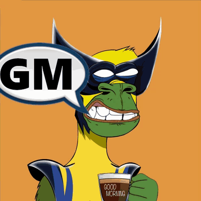 a cartoon character with a speech bubble that says gm and a cup of coffee