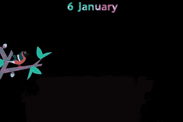 a bird is sitting on a tree branch with the date 6 january