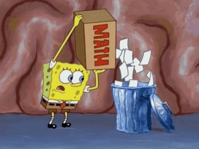 a cartoon of spongebob holding a box of math next to a trash can