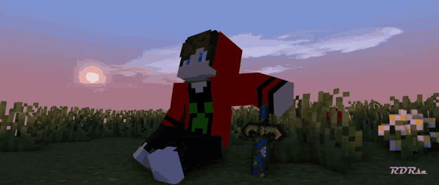 a minecraft character is sitting in the grass with a sword in his hand