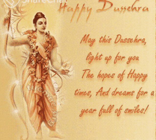 a happy dussehra greeting card with a woman holding a sword