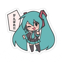 a sticker of hatsune miku giving a thumbs up with japanese writing behind her .