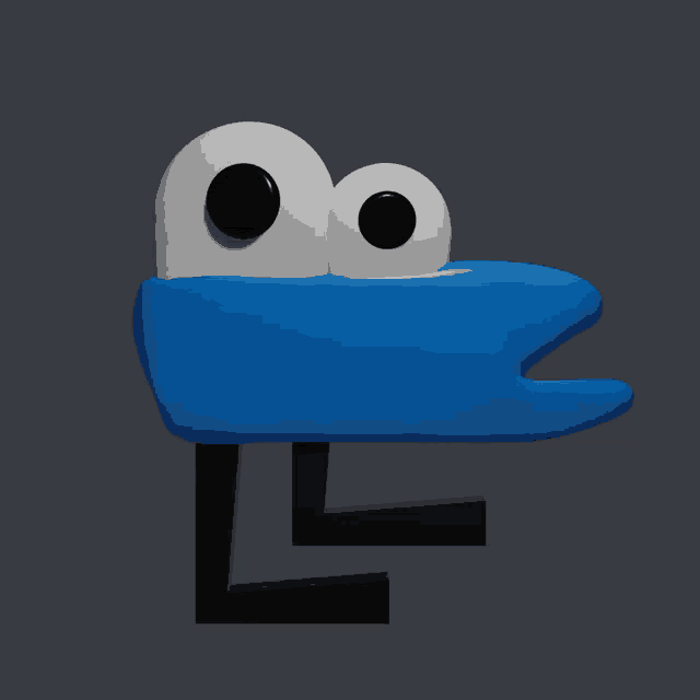 a blue object with white eyes and a black l