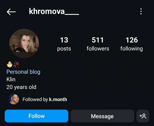 a screenshot of khromova 's instagram page with a blue follow button