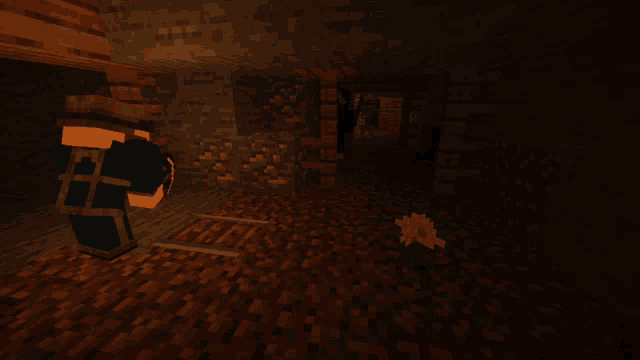 a minecraft character is standing in a dark cave with a flower in the foreground