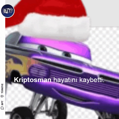 a purple car is wearing a santa hat and the words kryptosman hayatini kaybetti