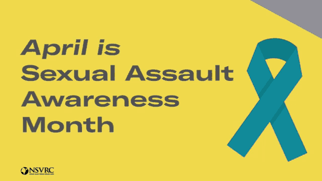 april is sexual assault awareness month with a blue ribbon on a yellow background