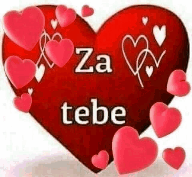 a red heart surrounded by pink hearts with the words `` za tebe '' on it .