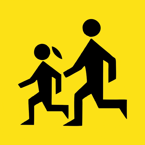 a yellow background with a silhouette of a man and a child running