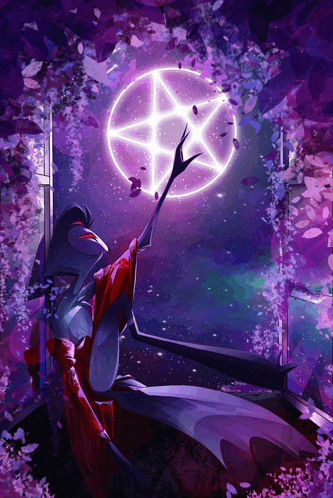 a drawing of a person holding a pentagram in front of a window