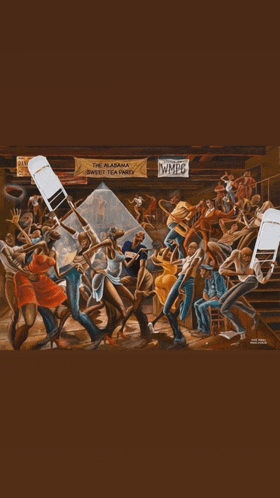 a painting of people dancing with a banner that says the alabama sweet tea party on it