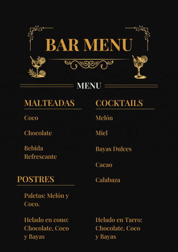 a black and gold bar menu with a list of drinks and desserts