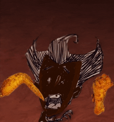 a drawing of a monster with fried chicken wings coming out of his mouth