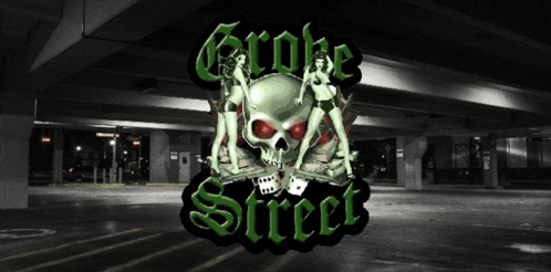 a sticker with a skull and dice that says ' grobe street '