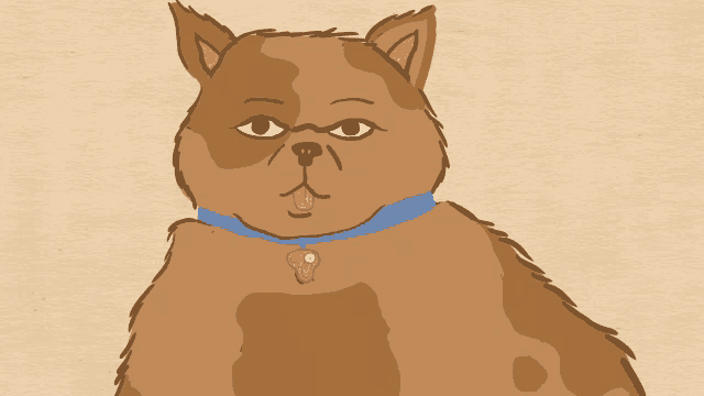 a drawing of a cat with a blue collar and a heart shaped pendant