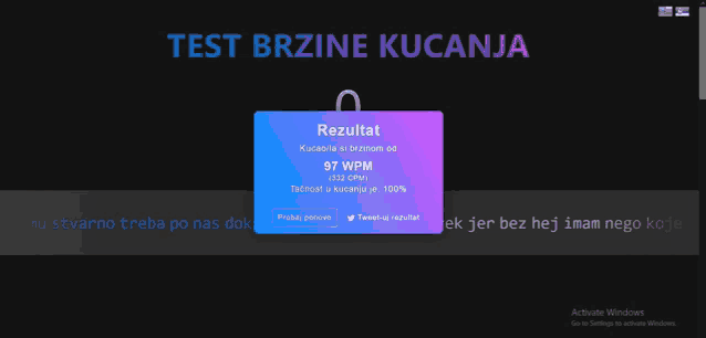 a computer screen with a test brzine kucanja popup