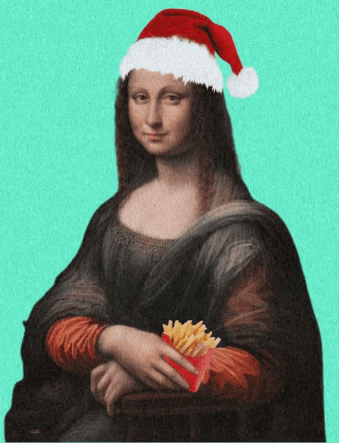 a painting of a woman wearing a santa hat and holding french fries