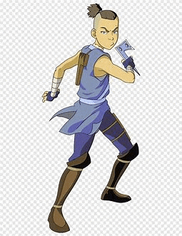 a cartoon character from avatar the last airbender is holding a sword in his right hand .