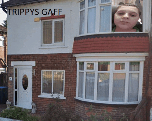 a picture of a girl in front of a house with the words trippys gaff above it