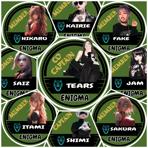 a collage of anime characters including co captain tears and members of enigma