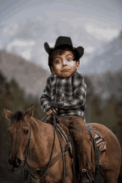 a young boy wearing a cowboy hat is riding a brown horse