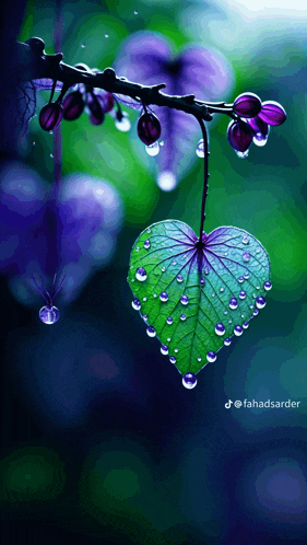 a green heart shaped leaf with water drops on it hangs from a branch