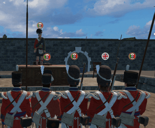 soldiers in red uniforms are standing in front of a man in a kilt holding a flag