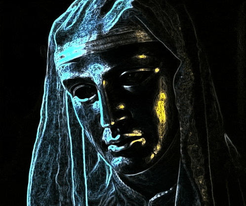 a statue of a woman with a blue veil on her face